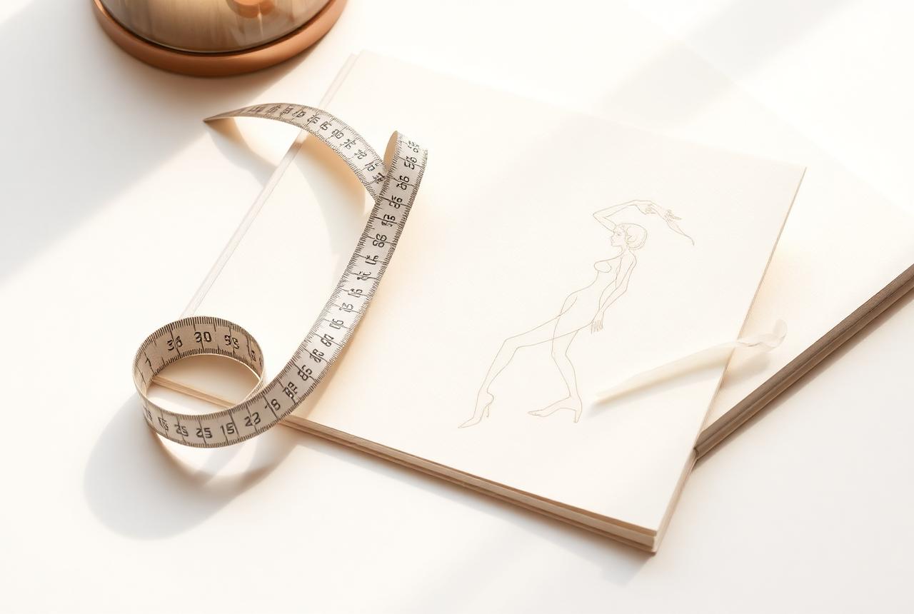 Fita métrica e caderno com desenhos de silhuetas femininas