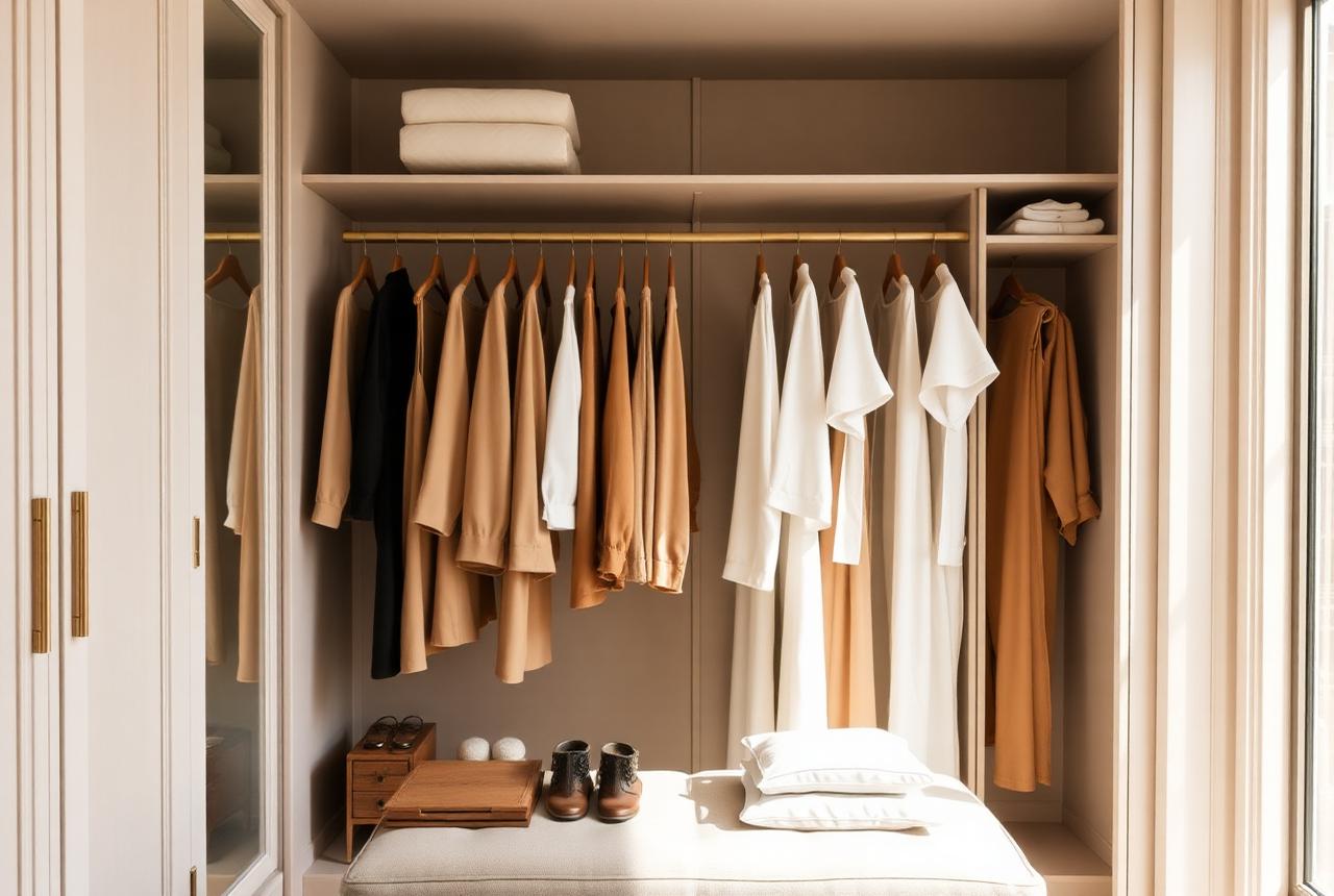 Guarda-roupa organizado com peças em tons neutros