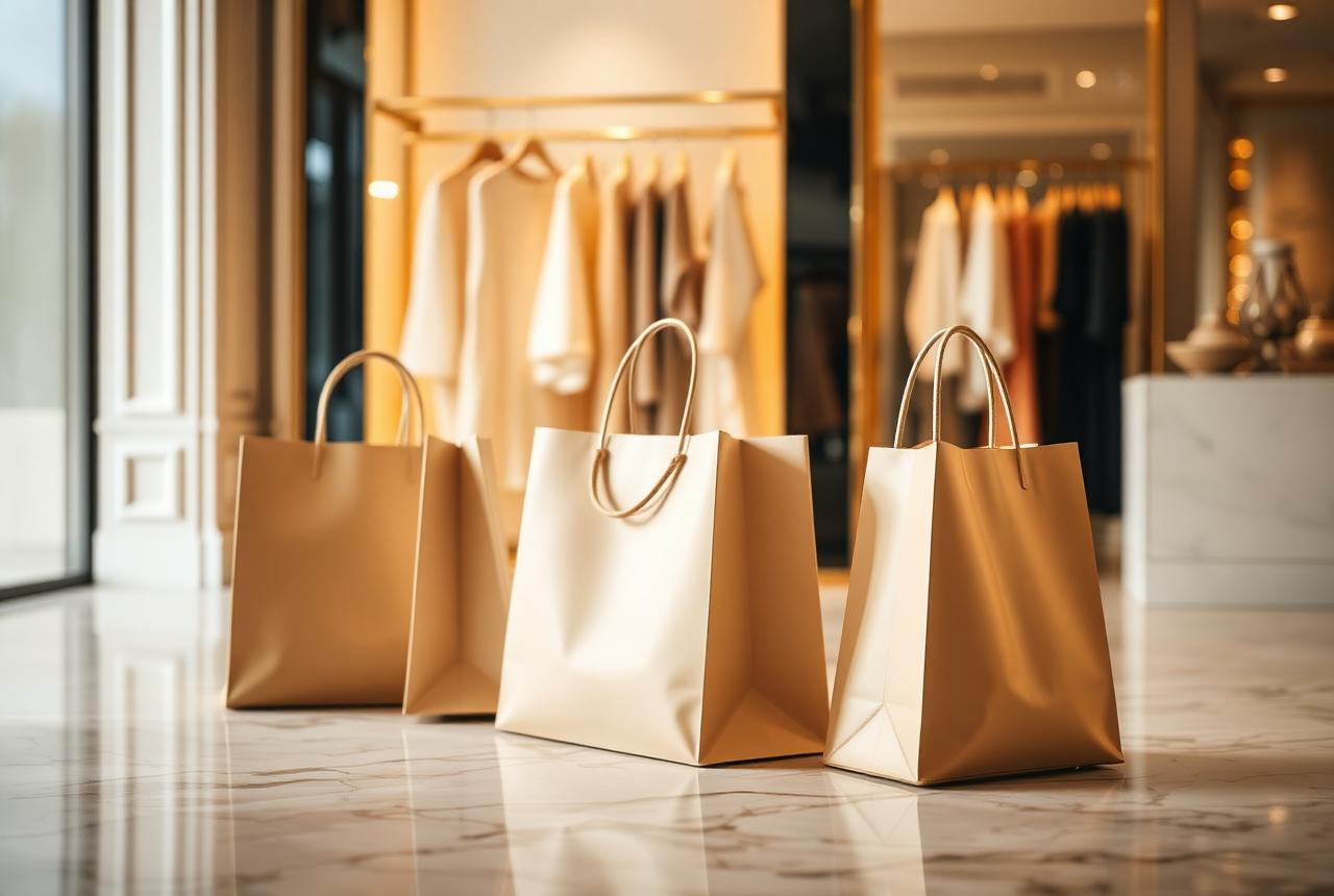 Sacolas de compras em tons bege em uma boutique elegante