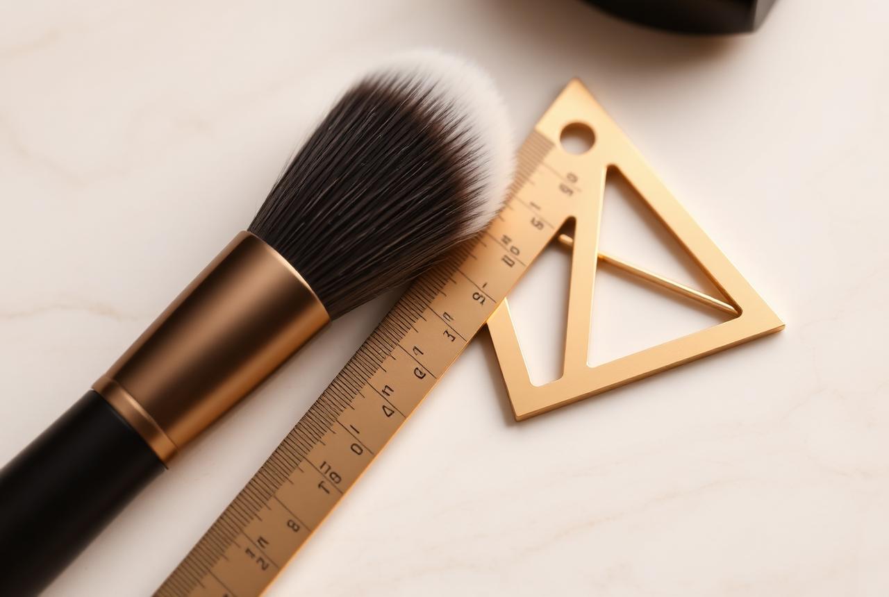 Pincel de maquiagem e instrumentos dourados de medição facial